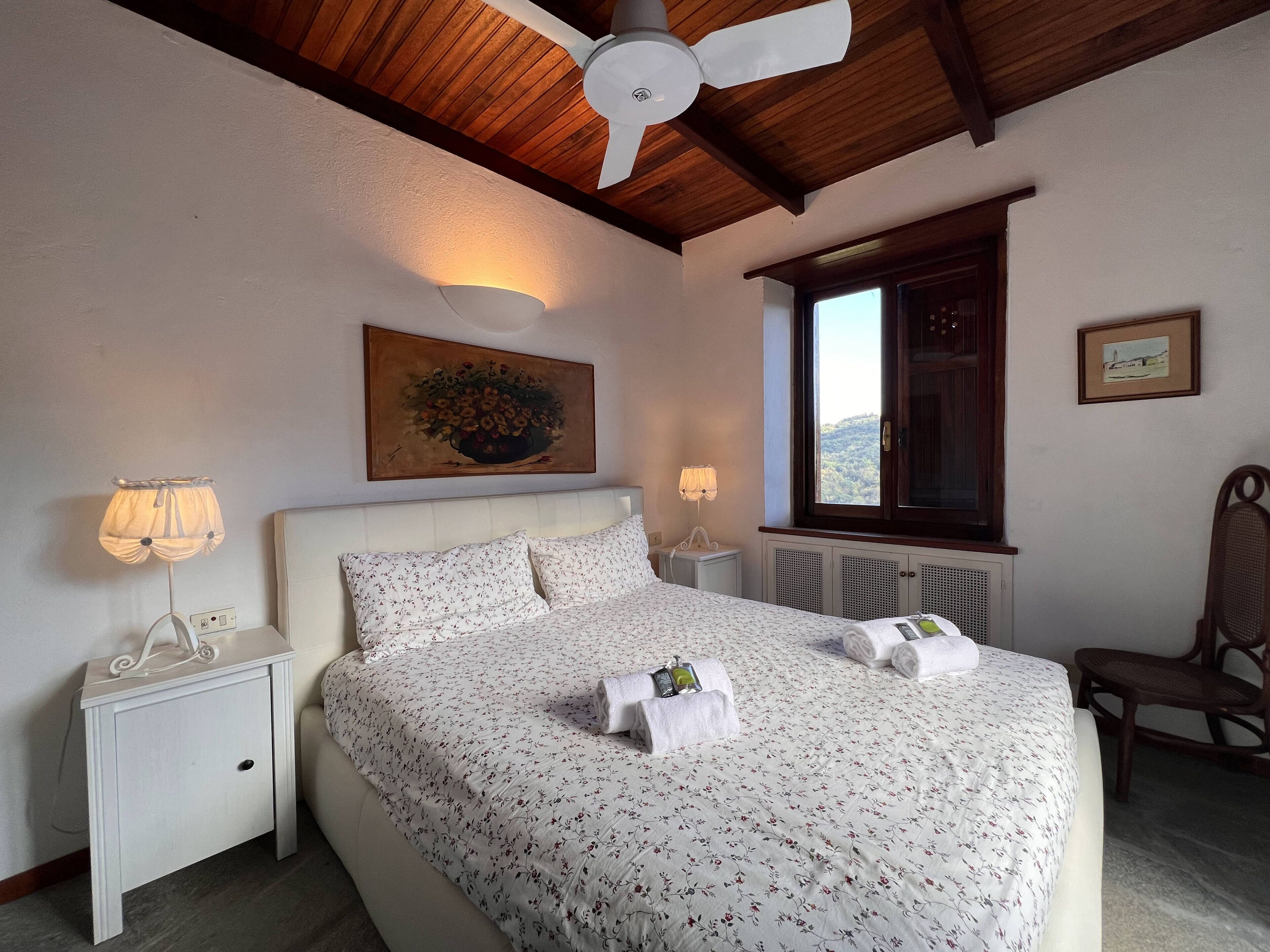 Ein Schlafzimmer mit Bett, Nachttischen, Deckenventilator, Fenster mit Aussicht und einem Gemälde an der Wand.