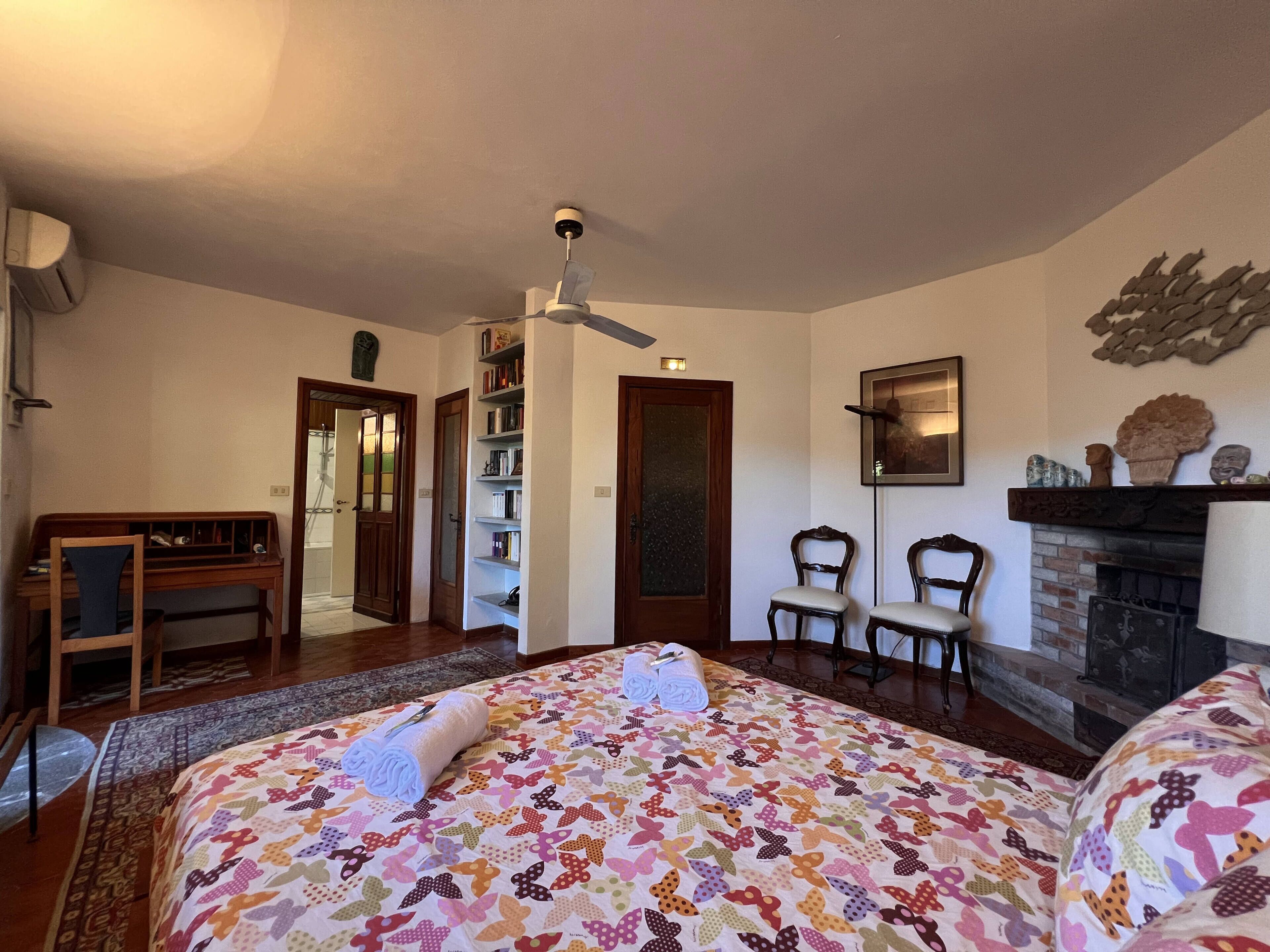 Une chambre à coucher comprenant un lit, un bureau, des chaises, une cheminée et une bibliothèque.