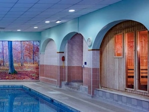 An indoor swimming pool area with a mural, arched niches, and a wooden door.