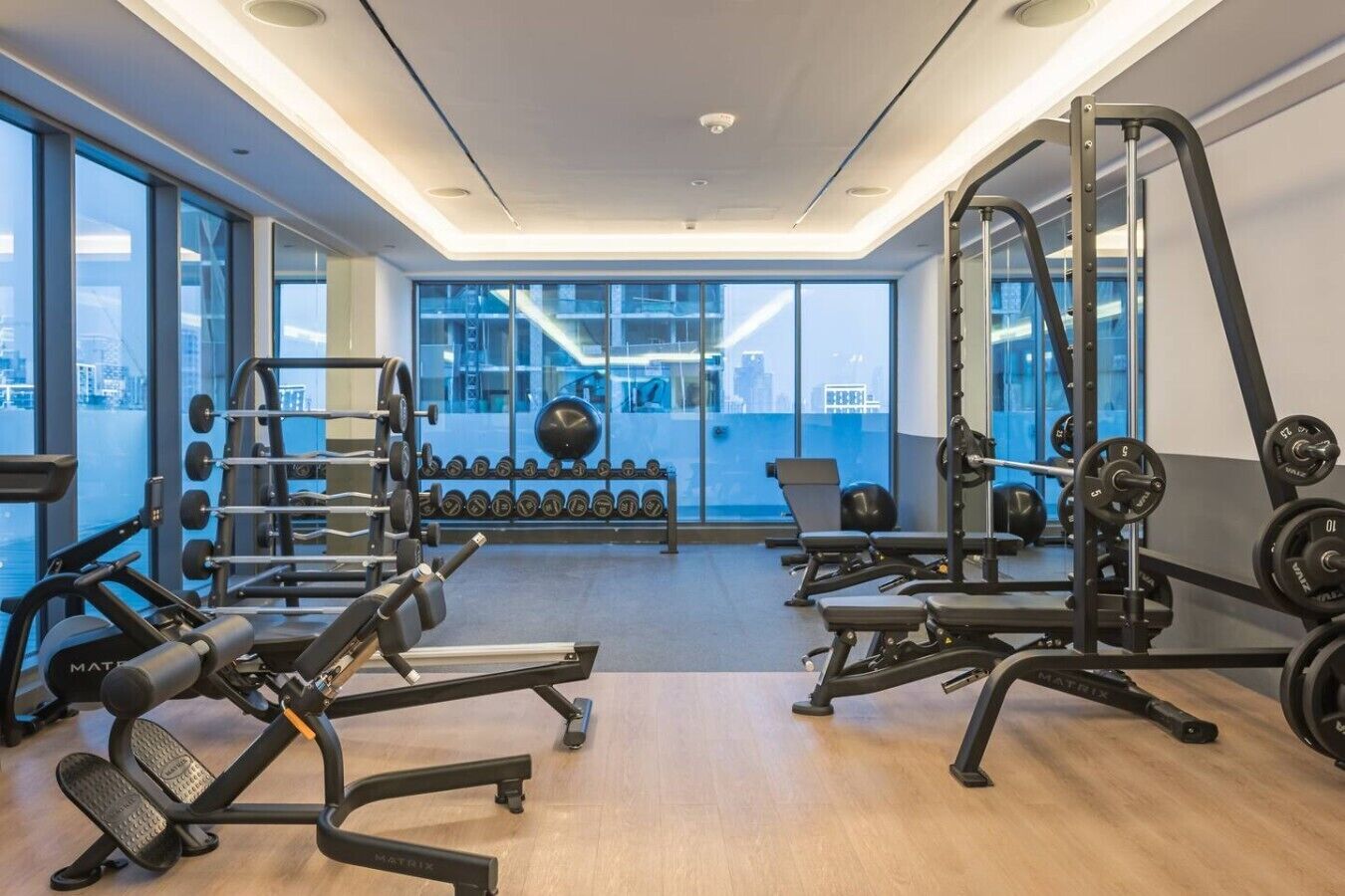 A modern gym with weightlifting equipment, treadmills, and a view of the city through large windows.