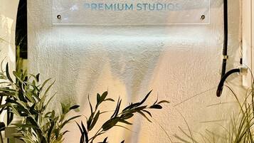 A wall-mounted sign with a logo and text for 'NAOUSAK PREMIUM STUDIOS'.