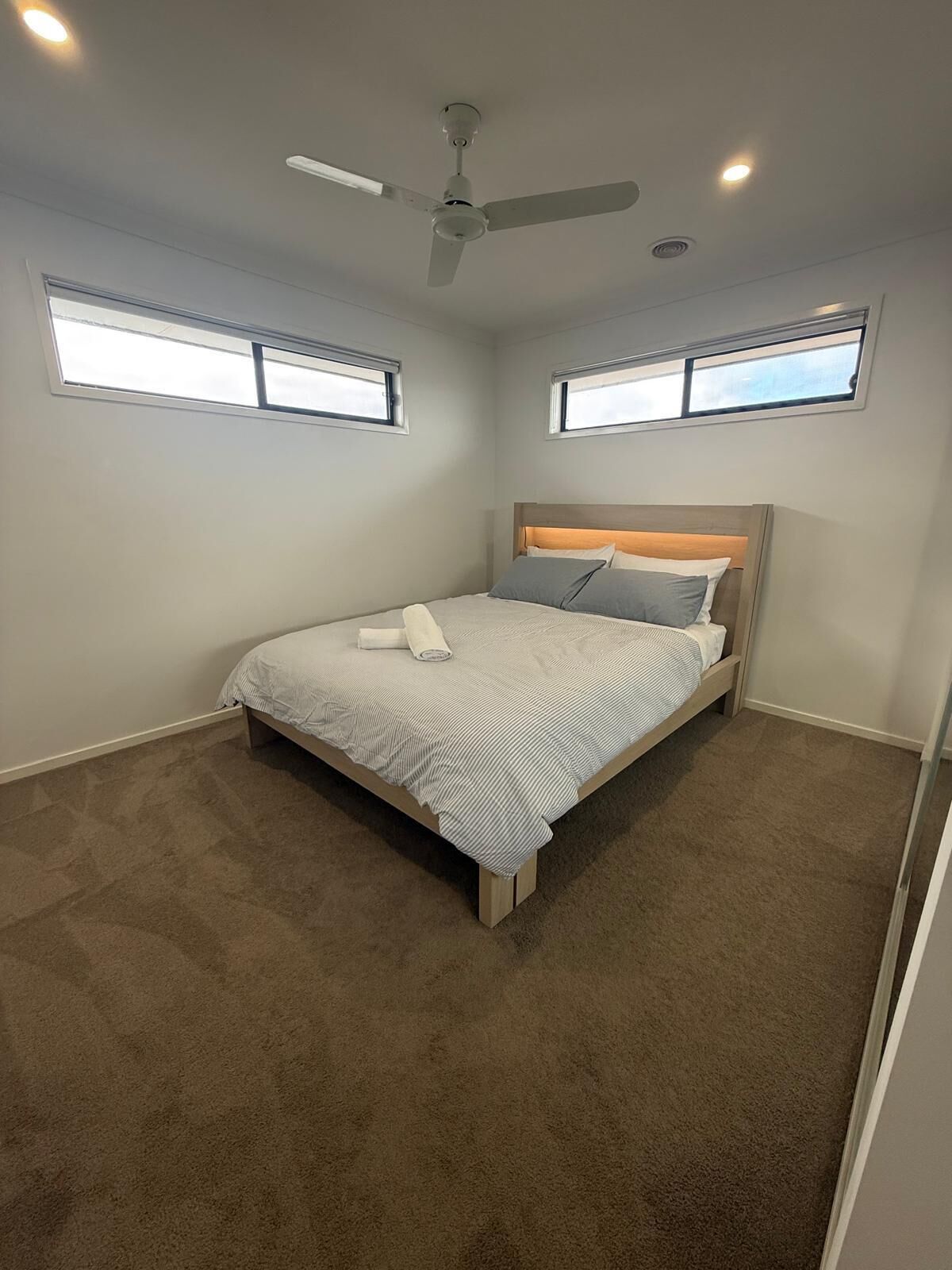 A bedroom with a bed, ceiling fan, two windows, and carpeted floor.