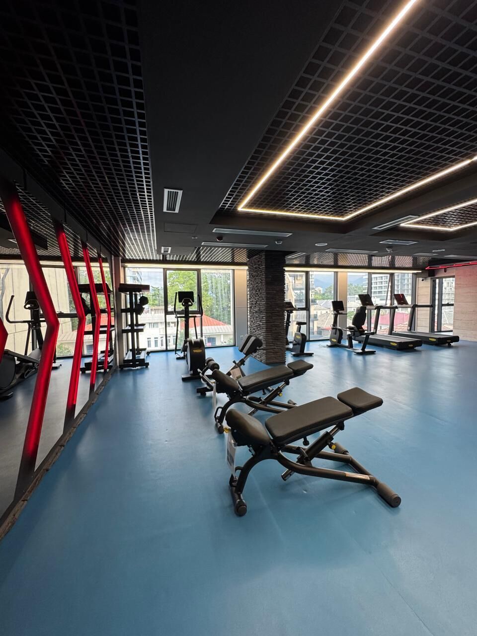A gym with exercise equipment, large windows, and a blue floor.