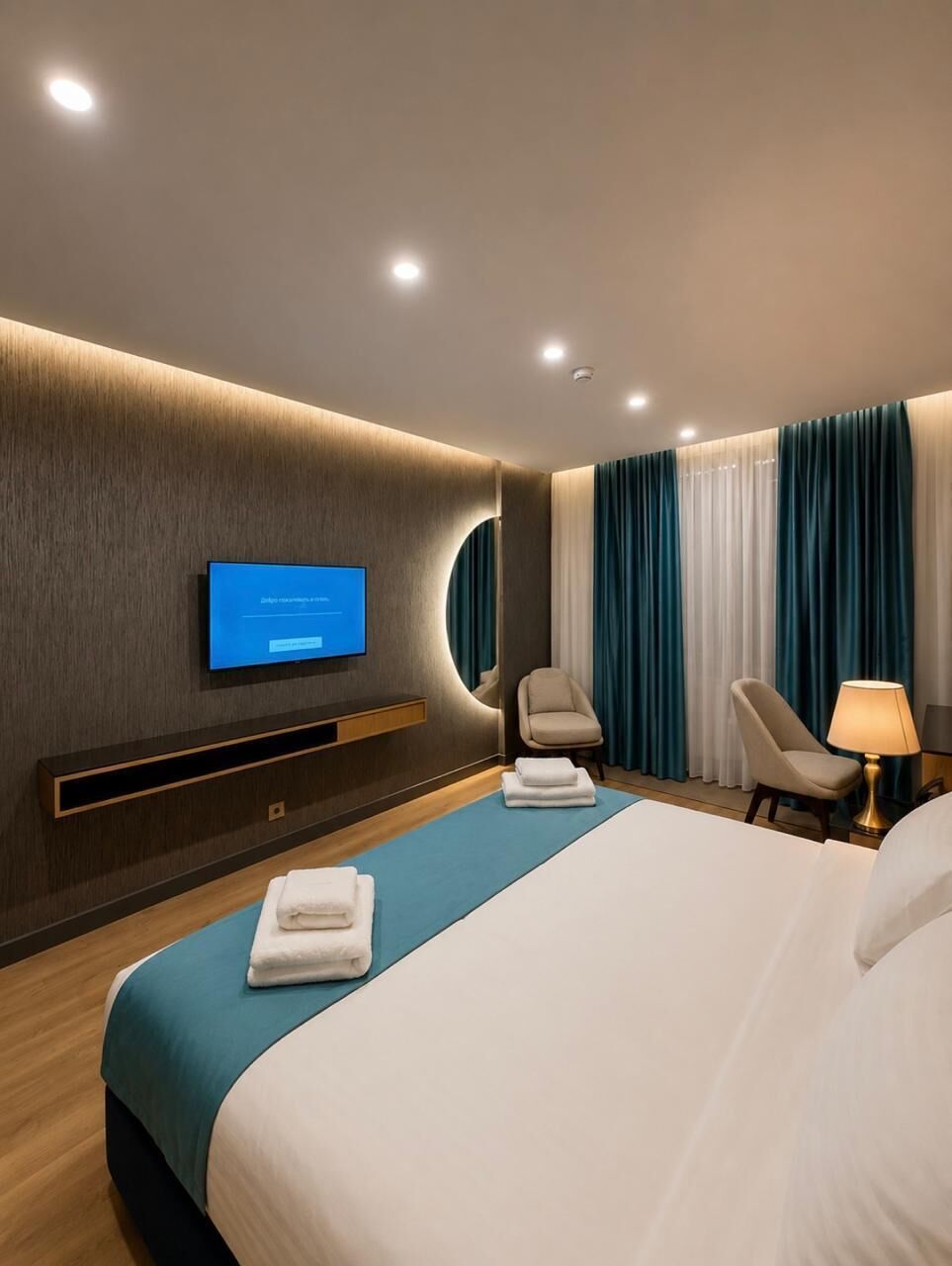 A modern hotel room with a large bed, a flat-screen TV mounted on the wall, a seating area with two chairs, and a desk with a lamp.