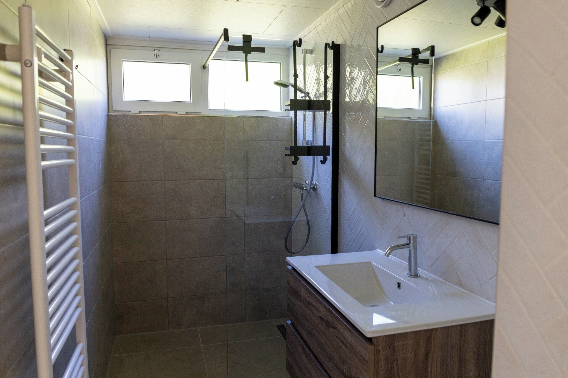 Een badkamer met een douche, een wastafel en een spiegel.
