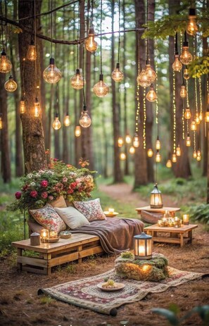 A cozy forest setting with a wooden bed, pillows, a blanket, and a lantern. - Pvt Villa Estate With Mtn Views Pool in Ocho Rios (Labyrinth)