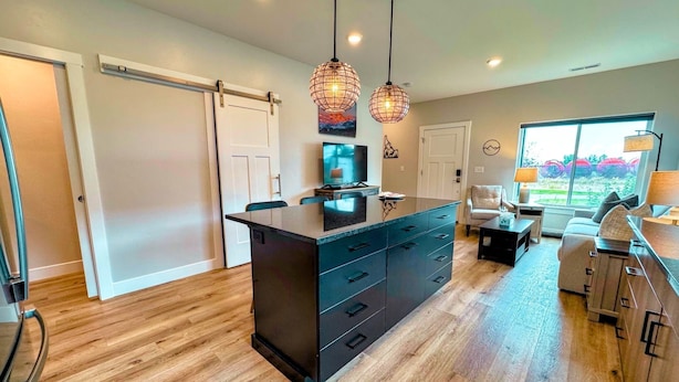 A modern kitchen with a central island, black cabinetry, and pendant lighting. - Modern Teton Valley Townhome w/AC + Garage (Driggs)