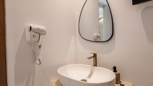 A bathroom with a white sink, a mirror, a hairdryer, and a toilet paper holder.