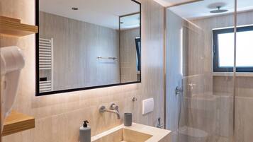 Classic Double Room, Balcony, Beach View | Bathroom | Shower, towels, soap, toilet paper