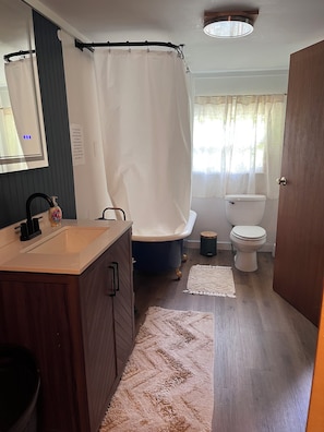 Hair dryer, towels, soap, shampoo