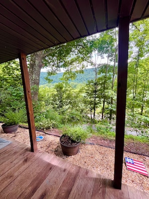 A covered wooden deck with potted plants and a view of a forested hillside. - Peaceful 3-bedroom cabin in quaint Hillsgrove perfect for relaxing getaway (Hillsgrove)
