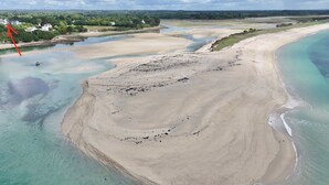 Vista aèria d'una zona costanera amb una extensa platja de sorra, un riu i una àrea boscosa al fons.
