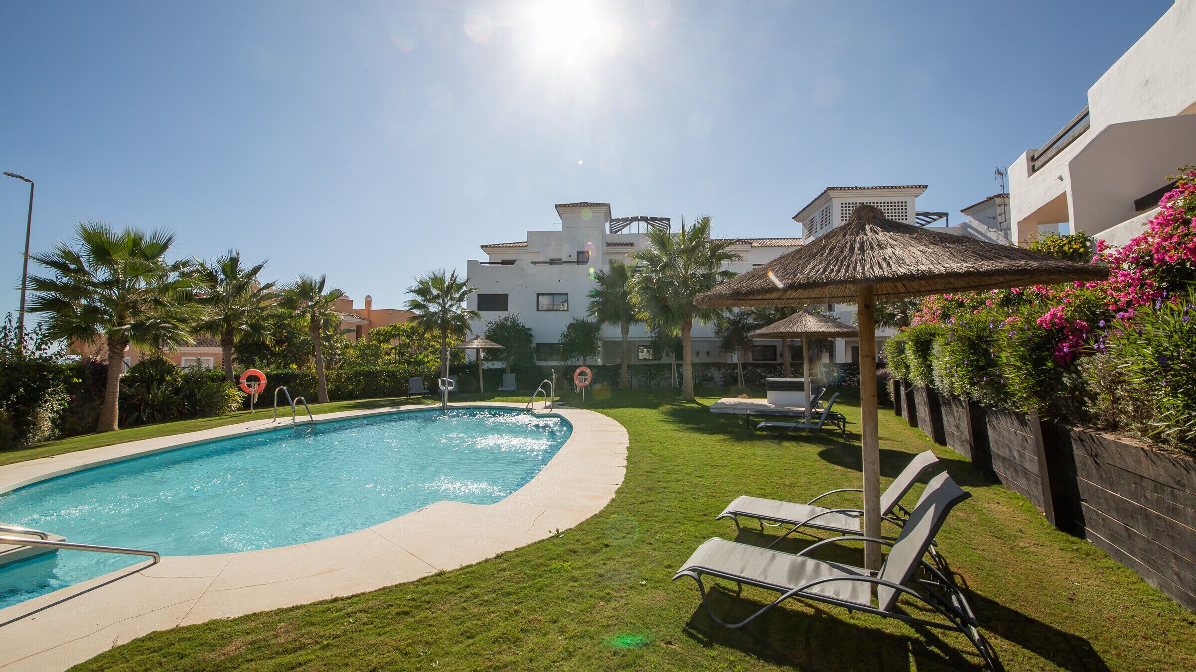 Una piscina con ombrellone, lettini e una zona verde con palme.