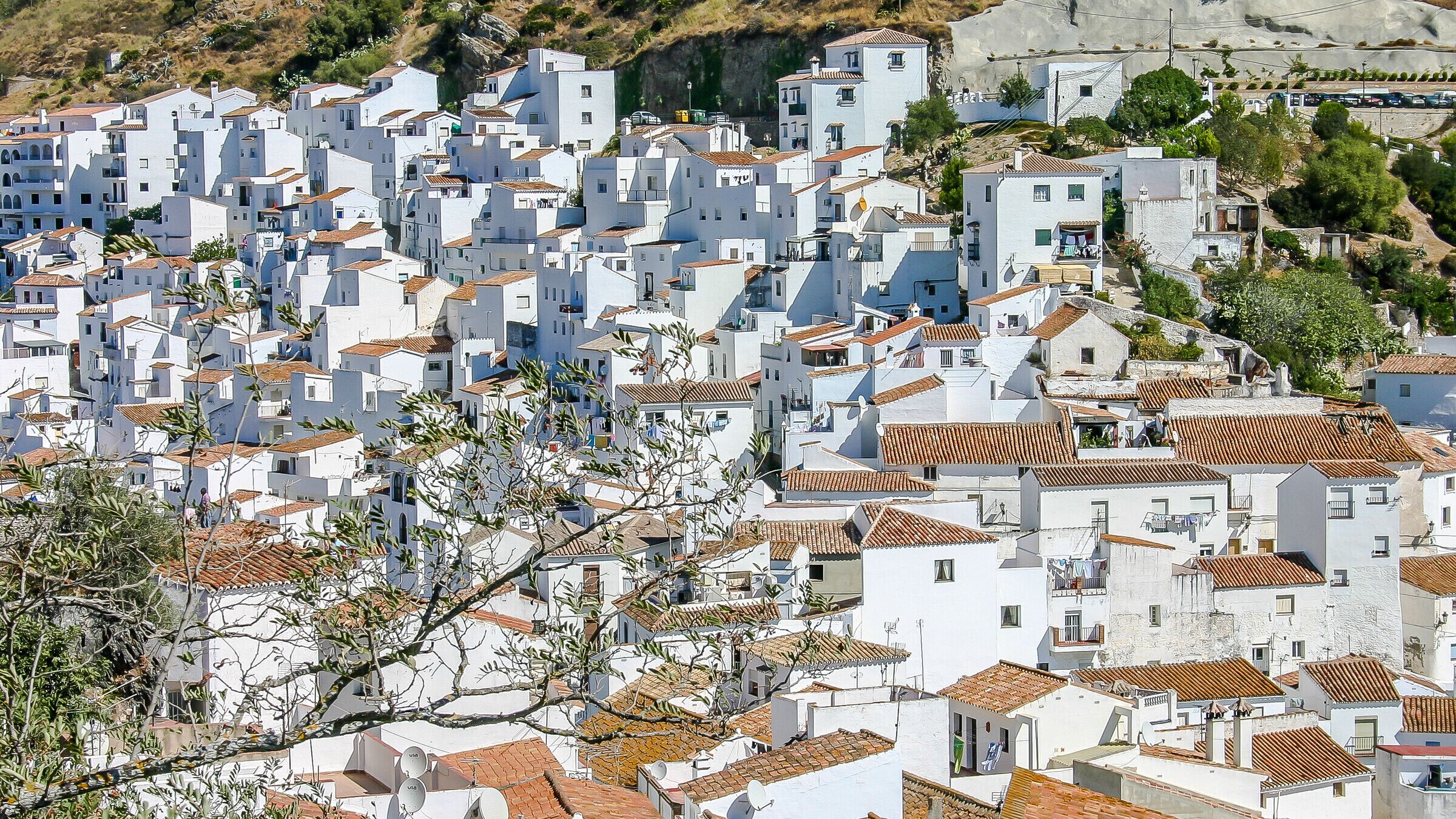 Una zona urbana densamente poblada con edificios blancos juntos y tejados de teja.