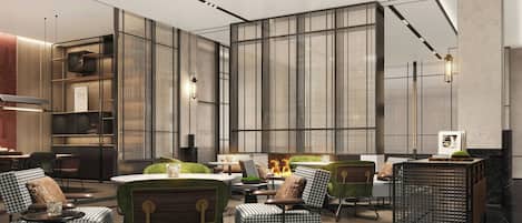 A modern interior with a mix of seating arrangements, including chairs and a sofa, and a dining area with tables.