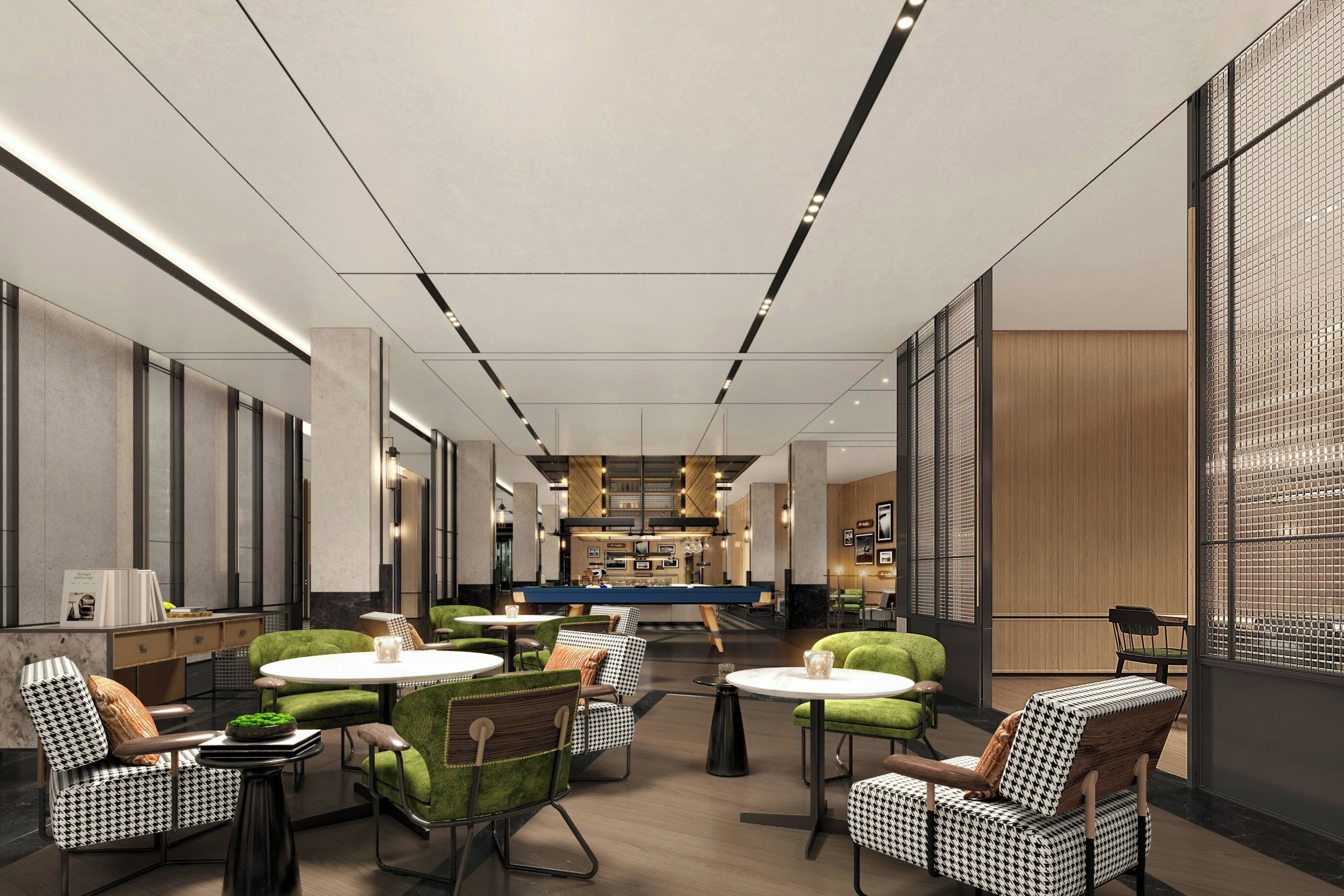 Un interior moderno con barra central, diferentes disposiciones de asientos y una combinación de iluminación natural y artificial.