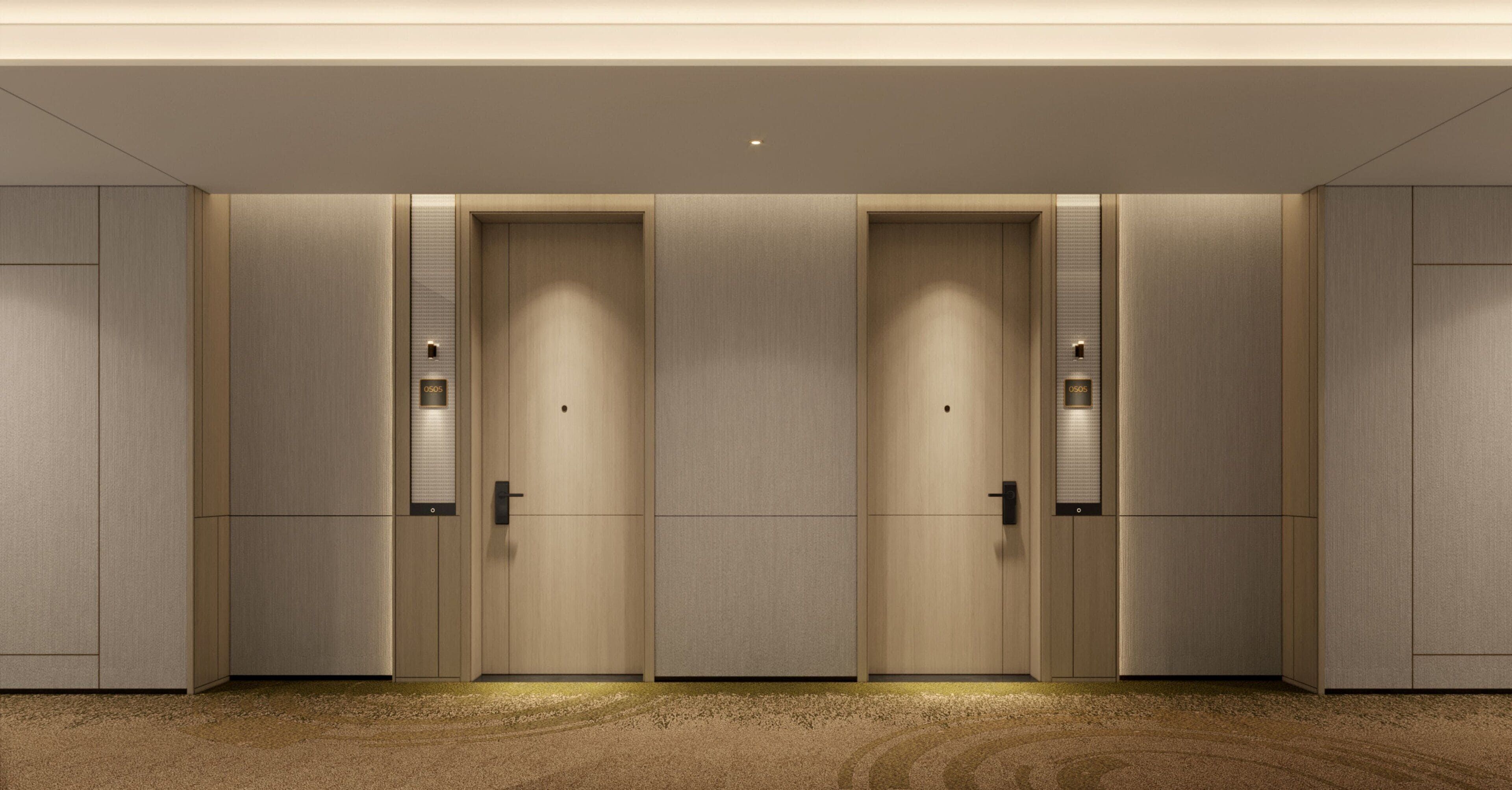 A row of four identical doors with a digital display above each, set in a modern interior with a carpeted floor.