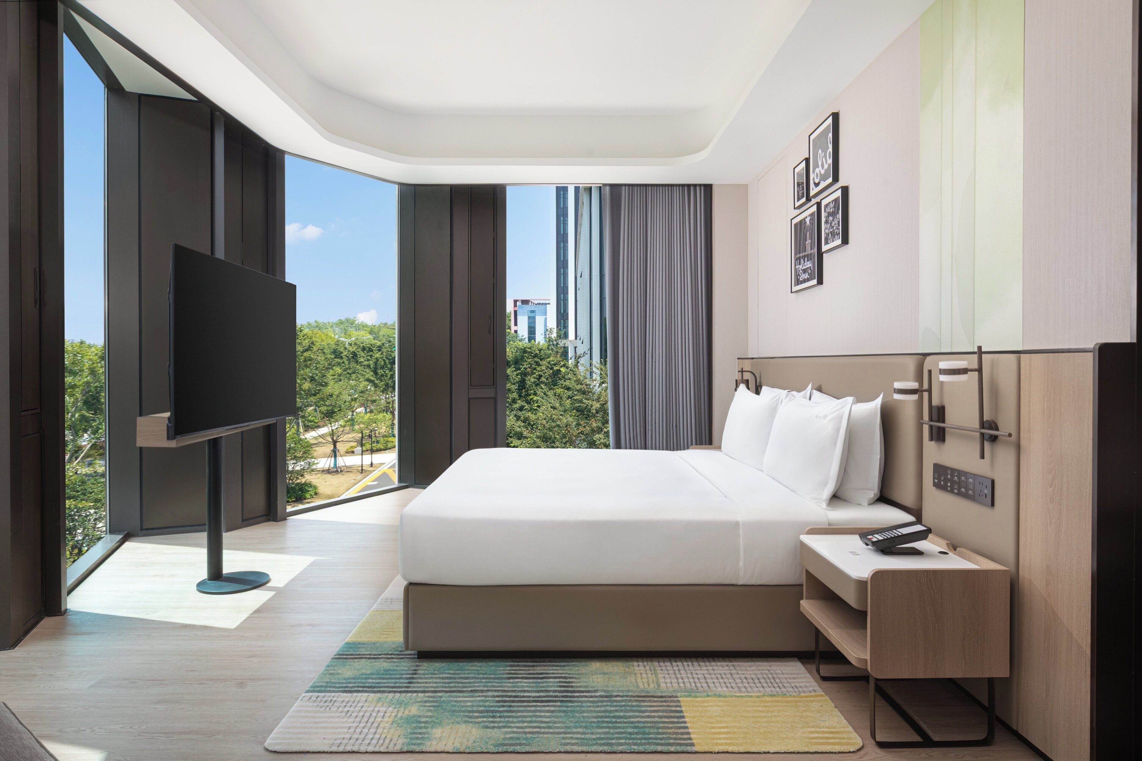 A modern hotel room with a large bed, a flat-screen TV, a bedside table with a remote, and a view of the cityscape.