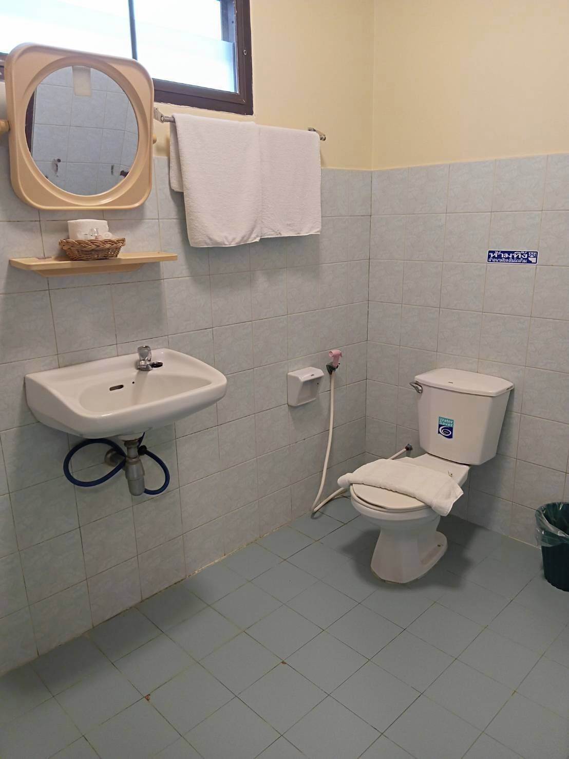 A bathroom with a sink, toilet, and a mirror.