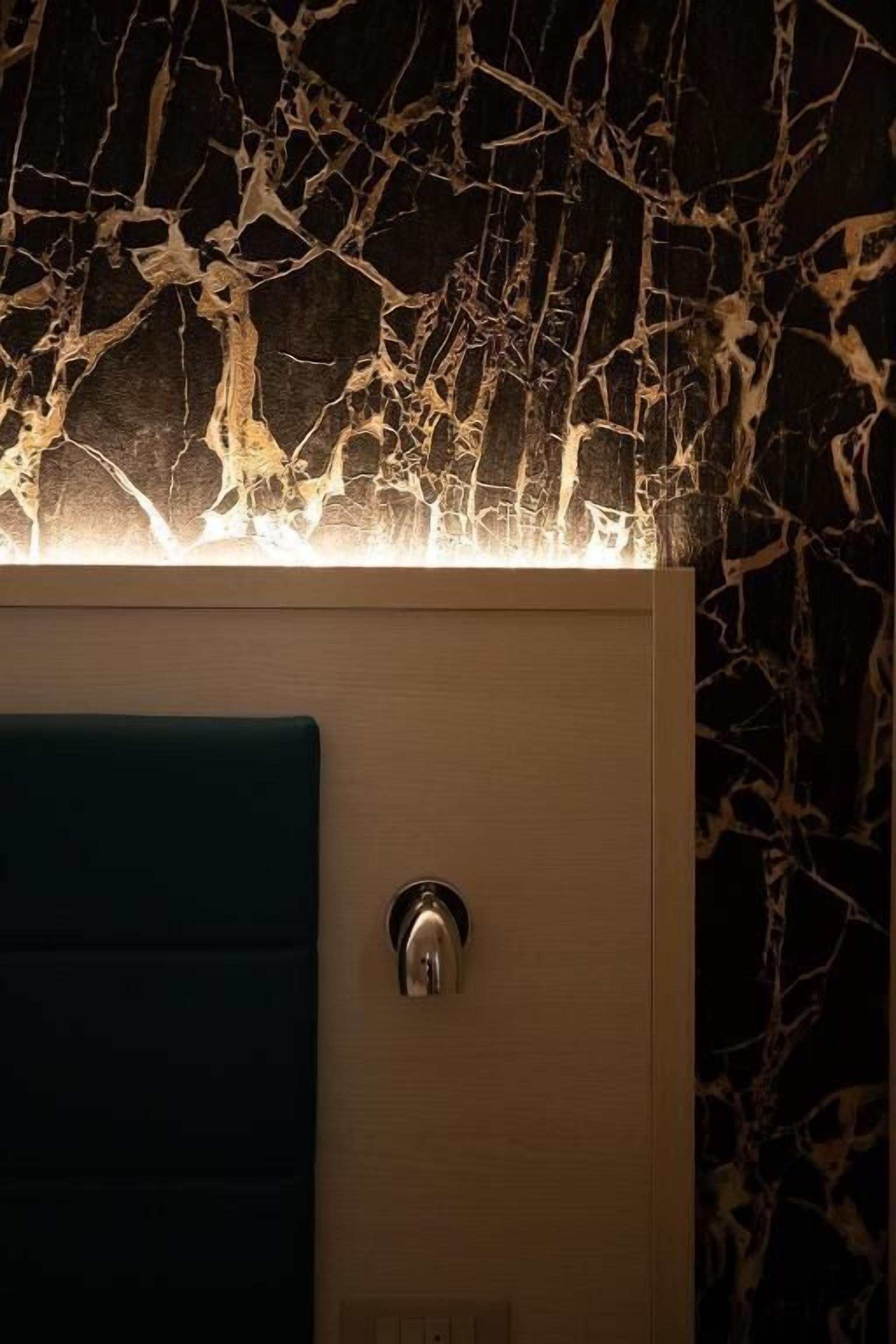 Une salle de bain avec un mur en marbre, un porte-serviettes et une porte.