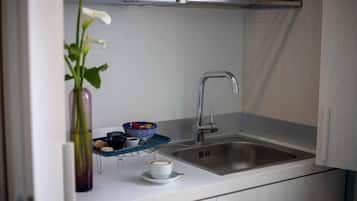 Una cocina compacta con un lavamanos de acero inoxidable, una pequeña encimera y un florero con flores blancas.