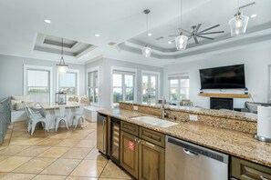 A modern kitchen with granite countertops, stainless steel appliances, and a built-in dishwasher. - Sandy Heels | 6BR Crystal Beach Home with Gulf Views, Private Pool & Steps to Beach | Sleeps 20 (Destin)