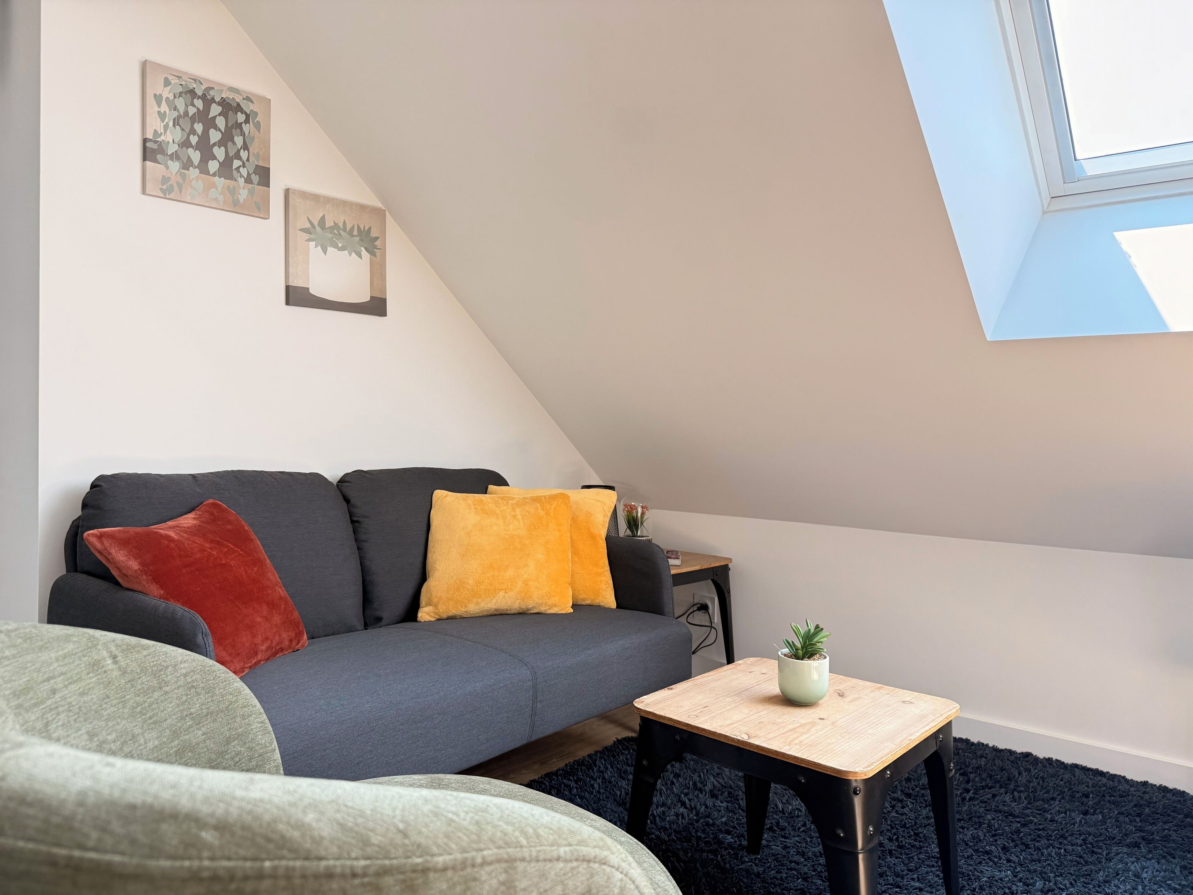 A modern living room with a grey sofa, a small wooden table, and a dark blue rug.