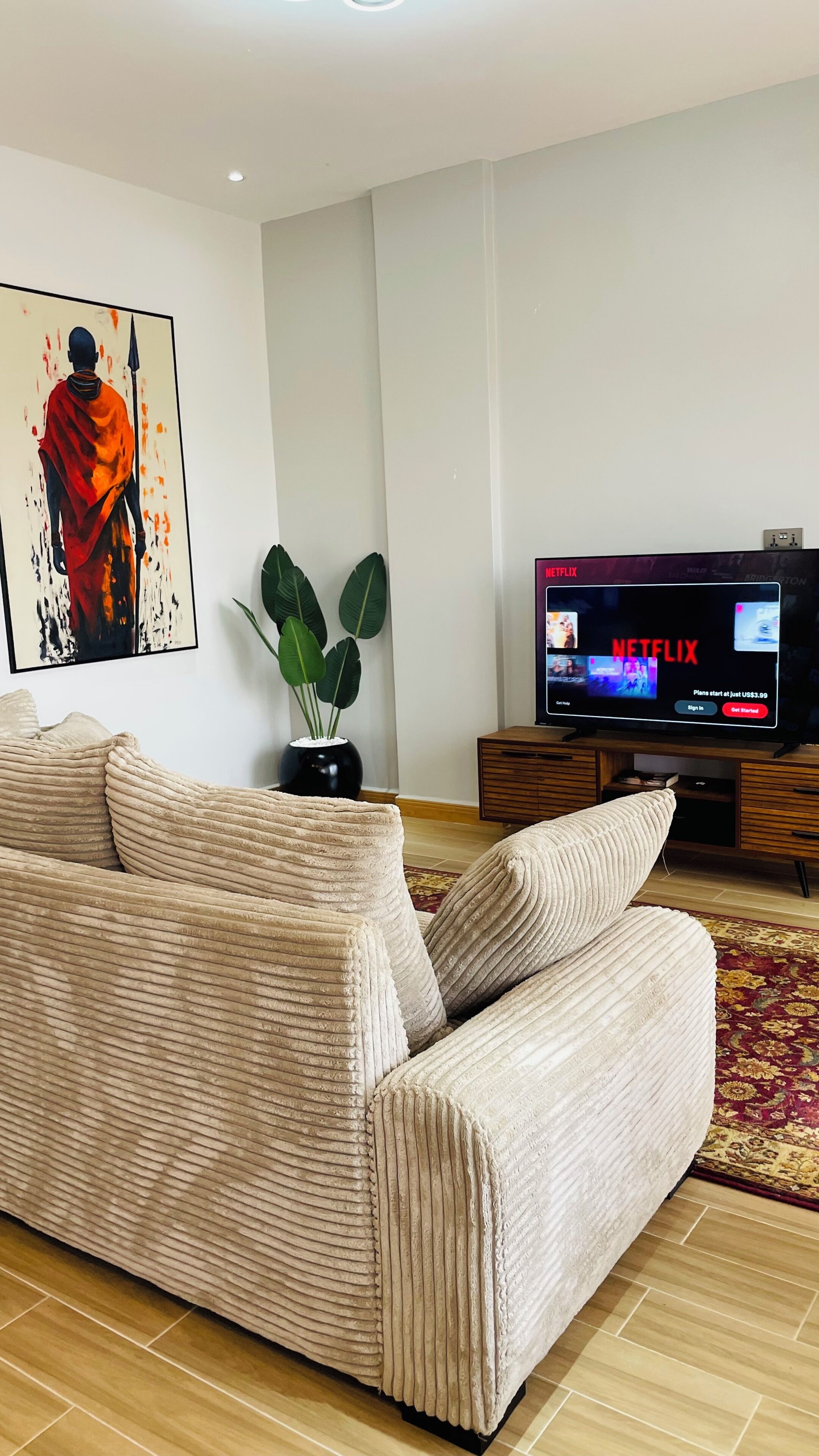 A living room with a sofa, a television displaying a Netflix interface, and a painting on the wall.