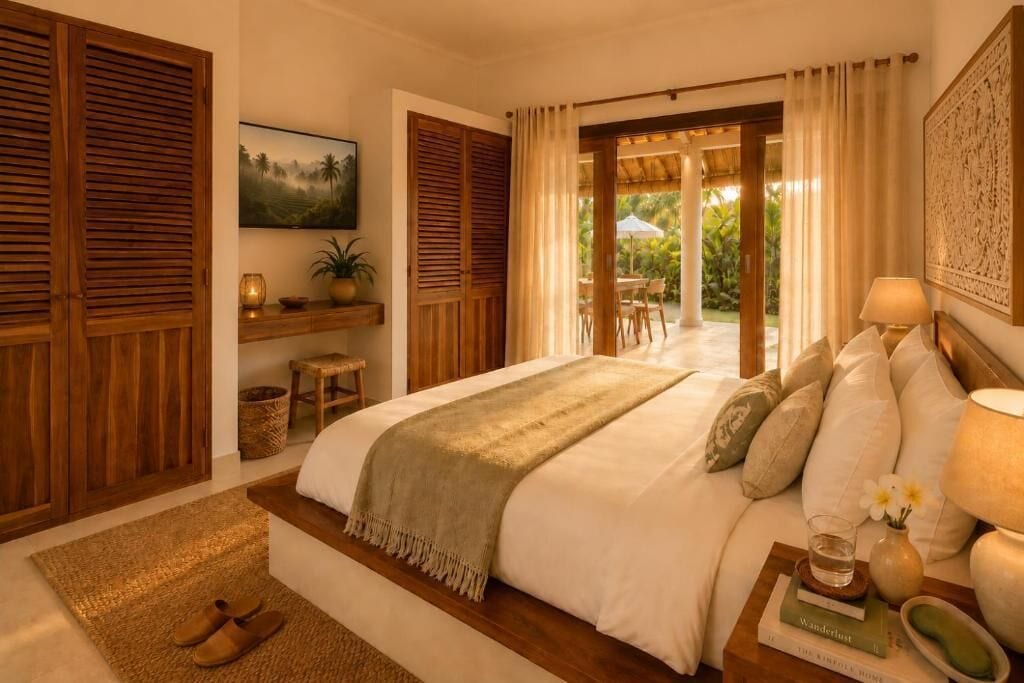 Signature Villa, Patio, Pool View | Premium bedding, in-room safe, blackout curtains, iron/ironing board