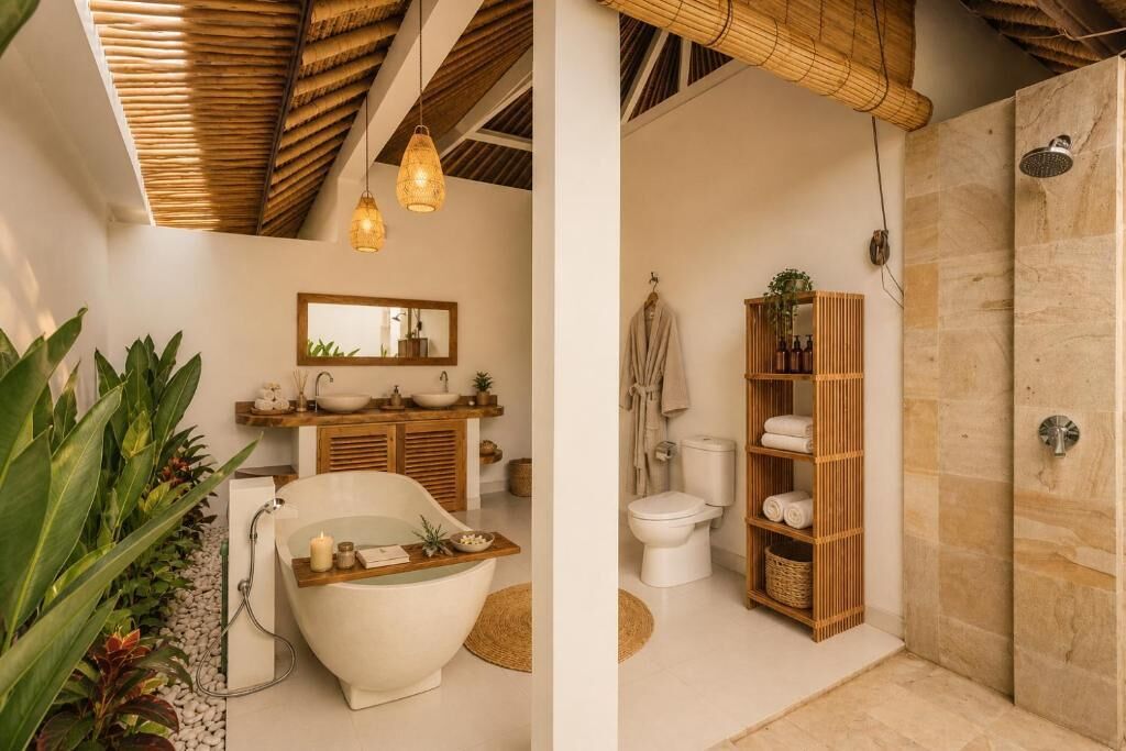 A bathroom with a freestanding bathtub, a wooden vanity, a mirror, and a shower area with a stone wall.
