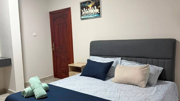 Un dormitorio con cama, almohadas, una mesita de noche, una puerta de madera y un cuadro colgado en la pared.