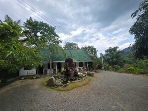 A house with a green roof, a porch with chairs, and a pond with rocks. - HILL SIDE RESORT - Ella (Ella)