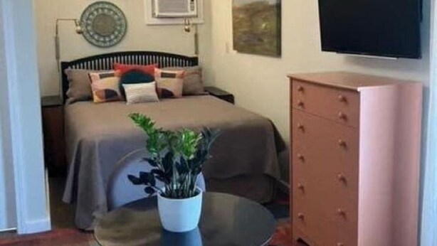 Ein Schlafzimmer mit Bett, Nachttisch, Stuhl, Kommode, Fernseher und einer Pflanze.