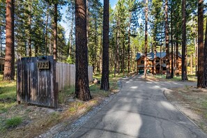 A forested area with a wooden mailbox labeled '1125' and a building with a sloped roof. - The Alpine Green Lodge (South Lake Tahoe)