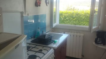 Une cuisine équipée d’une cuisinière à gaz, d’un évier et d’une fenêtre donnant sur un espace verdoyant.