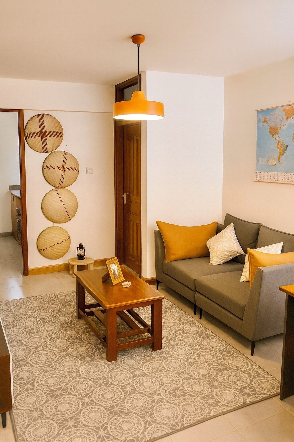 A living room with a sofa, a coffee table, a hanging lamp, and a wall with circular decorations.