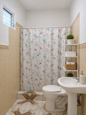 Regadera, toallas, jabón, papel de baño 