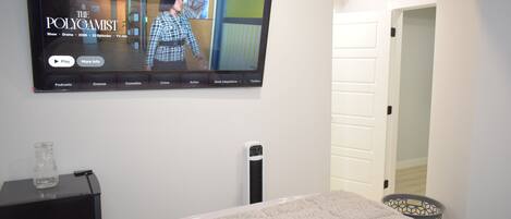 Un televisor montado en la pared mostrando un programa titulado 'The Polycamist'.
