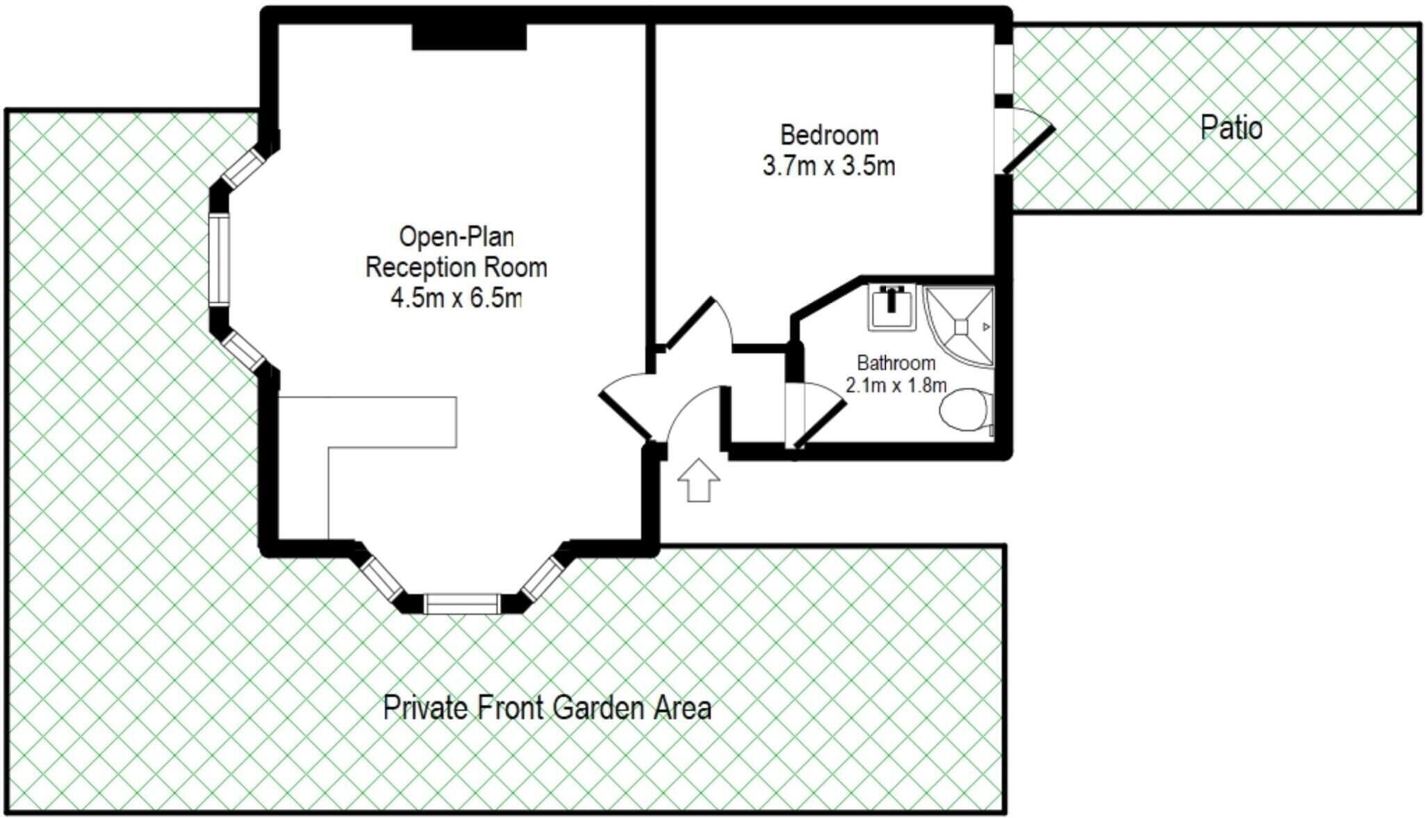 A floor plan with an Open-Plan Reception Room, Bedroom, Bathroom, Patio, and Private Front Garden Area.