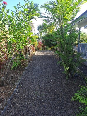 A gravel pathway flanked by various plants and trees, leading towards a building with a blue roof. - Home in Siusega - Vonnys Garden House (Vaitele)