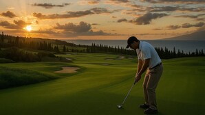 Ein Golfplatz mit Sonnenuntergangsblick, einem See und einem bewaldeten Gebiet.