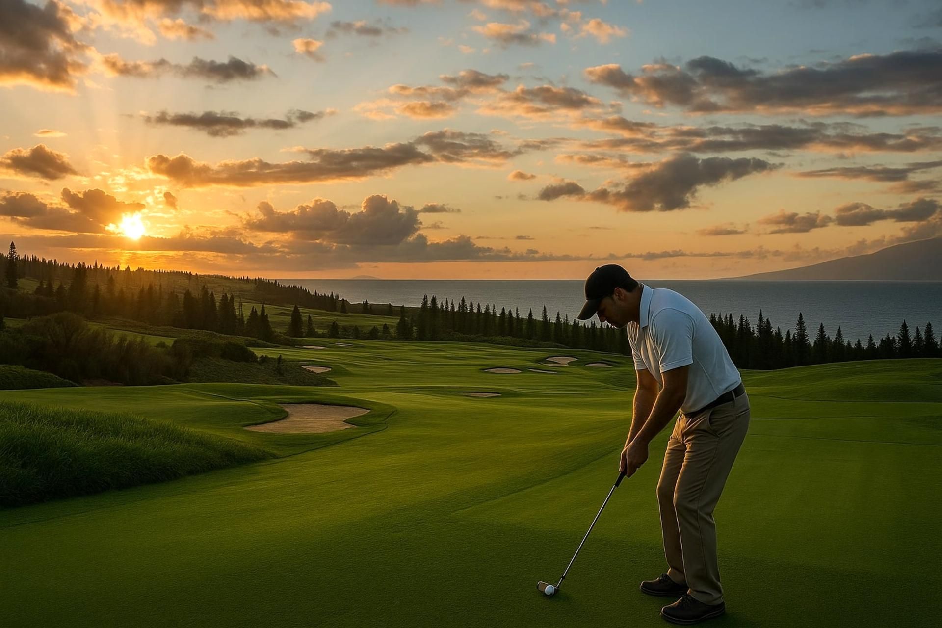 A golf course with a sunset view, a body of water, and a forested area.