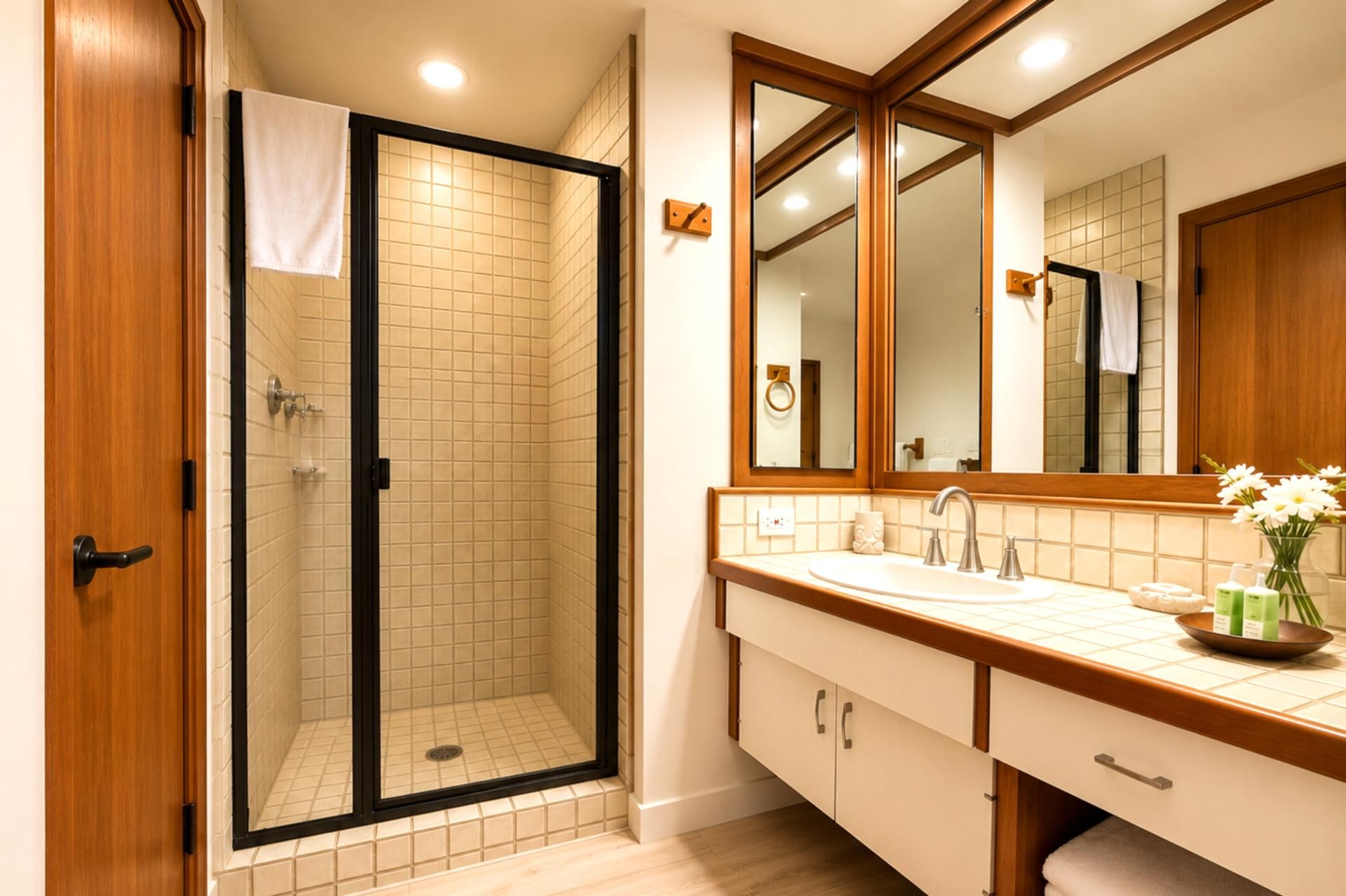 A bathroom with a glass-enclosed shower, a sink with a mirror, and a vase with flowers on the counter.