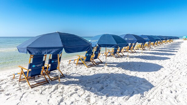 Een strand met rijen blauwe strandstoelen en parasols langs de waterlijn.