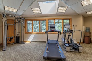 Your fitness routine stays on track in this bright gym with natural light, featuring cardio machines and strength training equipment with serene forest views. - Cozy 2BR Ski Condo | Gas Fireplace & Shuttle (Steamboat Springs)