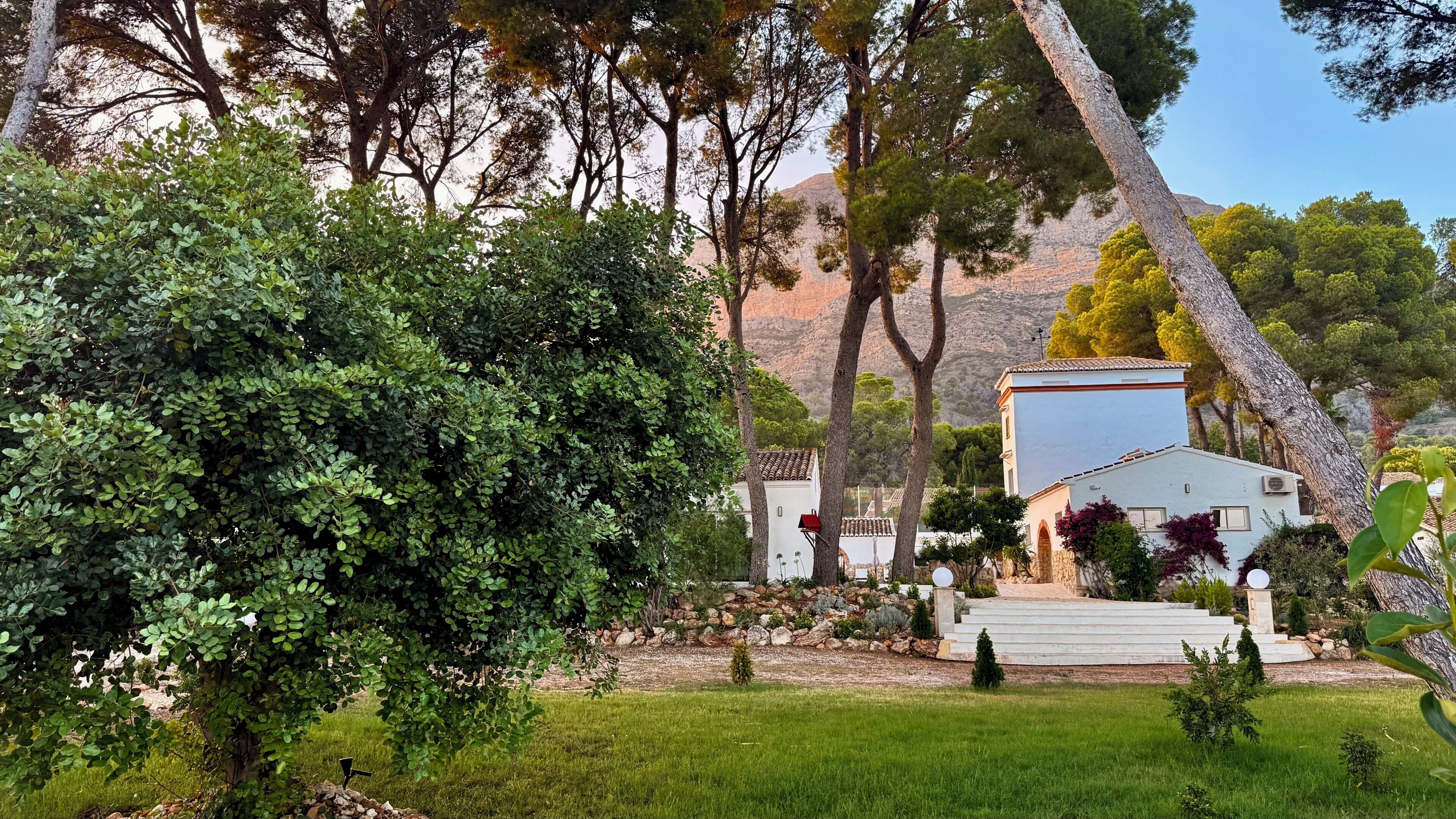 Un bâtiment à la façade en pierre, un escalier menant à l’entrée et un jardin luxuriant agrémenté de divers arbres et arbustes.