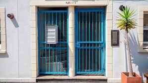 A building entrance with two blue doors, a small air conditioning unit, and a potted plant. - Comfortable Stay in the Heart of Vibrant Deptford - Pass the Keys (London)