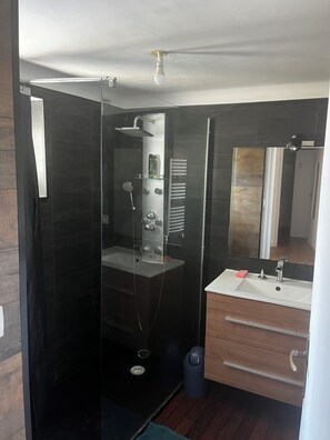 シャワー、タオル、トイレットペーパー