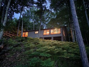 Ein modernes Haus mit großen Fenstern, umgeben von dichtem Wald und Farne.