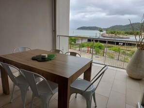 A balcony with a wooden table and chairs, a view of the sea and a bridge, and a large potted plant.